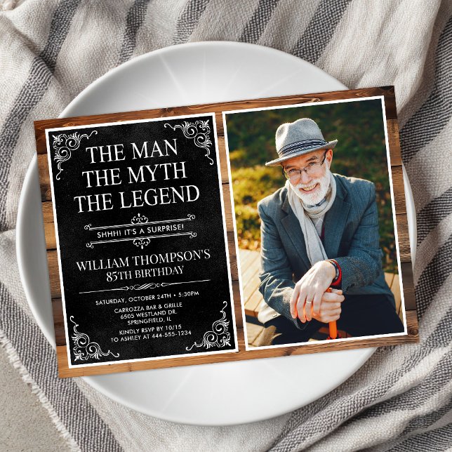 Rustic Man Myth Legend Surprise 85th Birthday Invitation (Creator Uploaded)