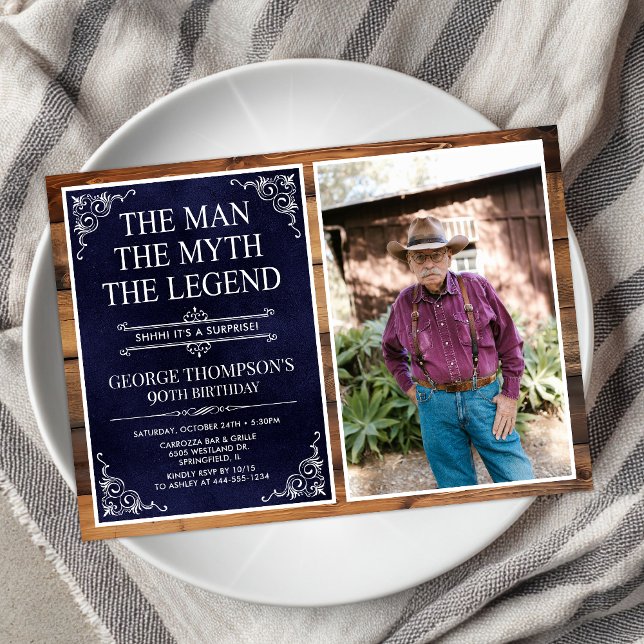 Rustic Man Myth Legend Surprise 90th Birthday Invitation (Creator Uploaded)