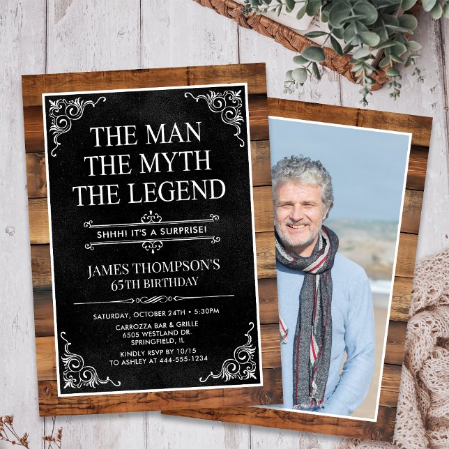 Rustic Man Myth Legend Surprise Photo 65 Birthday Invitation (Creator Uploaded)
