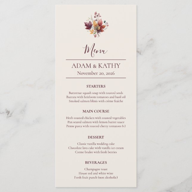 Rustic Maple Leaf Fall Wedding Menu Card (Front)