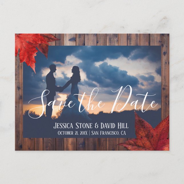 Rustic Maple Leaves Fall Wedding Save the Date Announcement Postcard (Front)