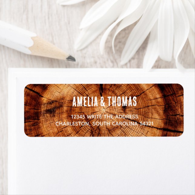 Rustic Mariage Wood Tree Slice Adresse de retour (En situation)