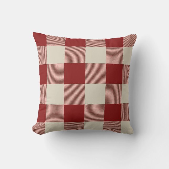 Rustic Maroon and Beige Buffalo Check Plaid Throw Pillow (Front)