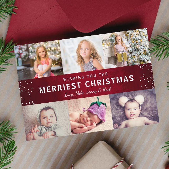 Rustic Maroon Red Winter Christmas Photo Collage Holiday Card (Creator Uploaded)