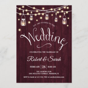 Rustic Maroon Wood & Lights Wedding Invitation