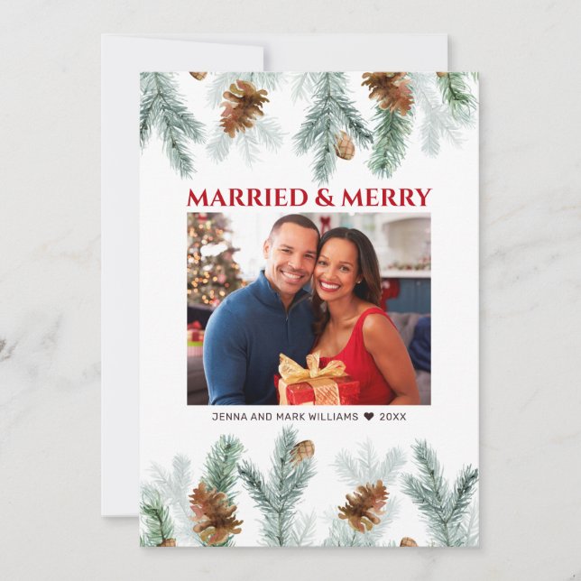 Rustic Married and Merry Pine Cones Photo Holiday Card (Front)