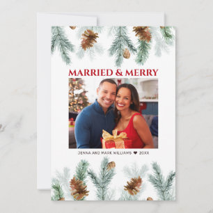 Rustic Married and Merry Pine Cones Photo Holiday Card