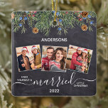 Rustic Married First Christmas Newlyweds 3 Photo Ceramic Ornament<br><div class="desc">Have Yourself a Married Little Christmas! Decorate your tree or send a special gift with this super cute personalized custom newlywed couple photo holiday ornament. Add your favourite photos and personalize with name and year. Ornament is double sided, duplicate design both sides. COPYRIGHT © 2020 Judy Burrows, Black Dog Art...</div>