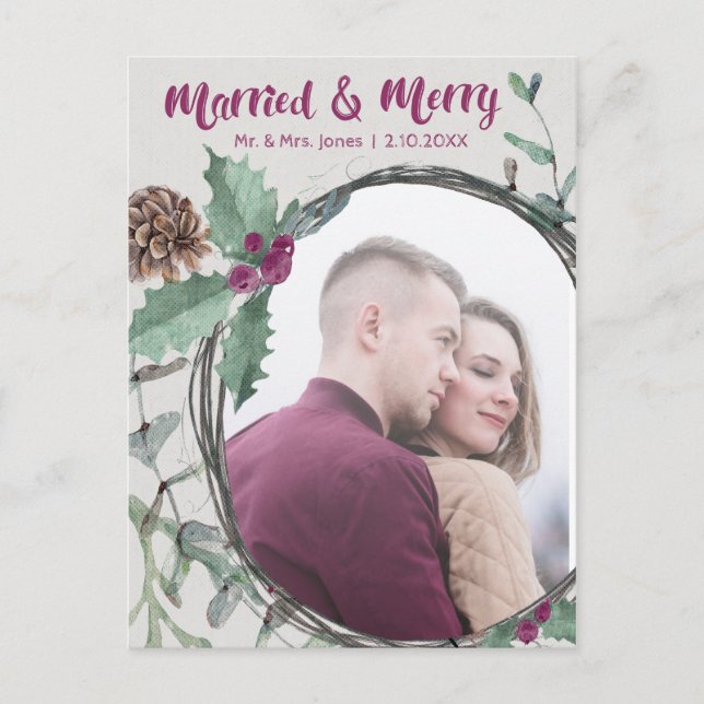Rustic Married & Merry Calligraphy Holiday Photo Postcard (Front)