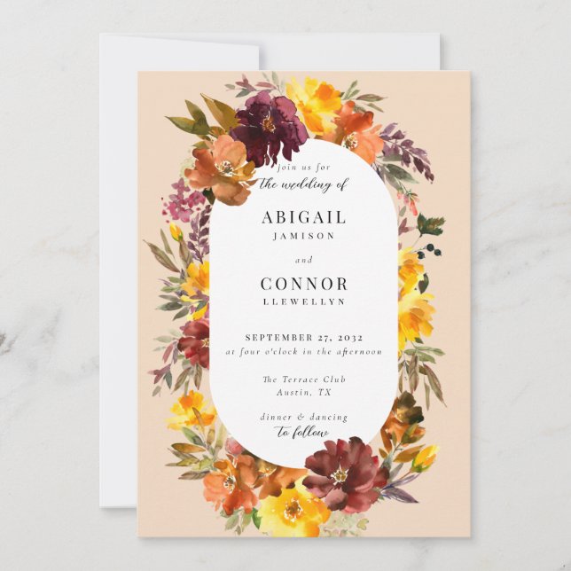 Rustic Marsala Burnt Orange Fall Wreath Invitation (Front)