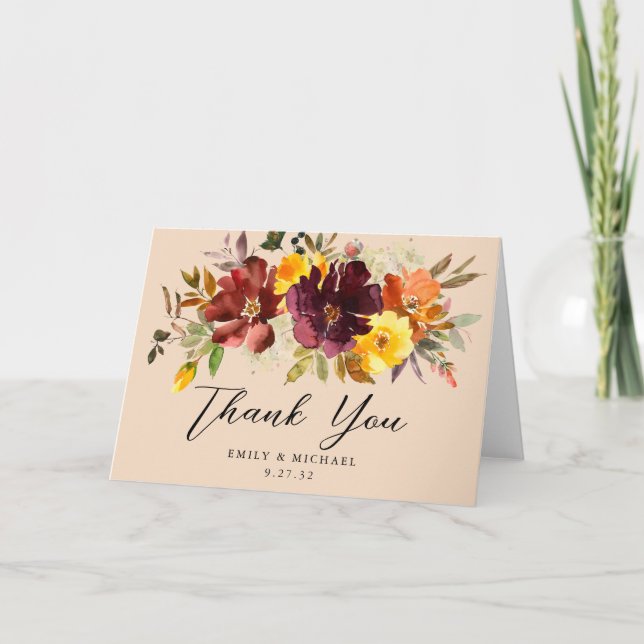 Rustic Marsala Burnt Orange Fall Wreath Thank You Card (Front)
