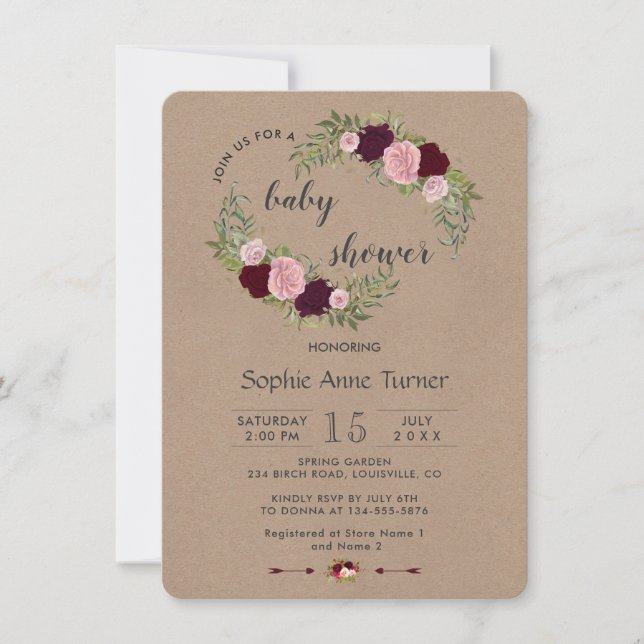 Rustic Marsala Floral Craft Paper Baby Shower Invitation (Front)