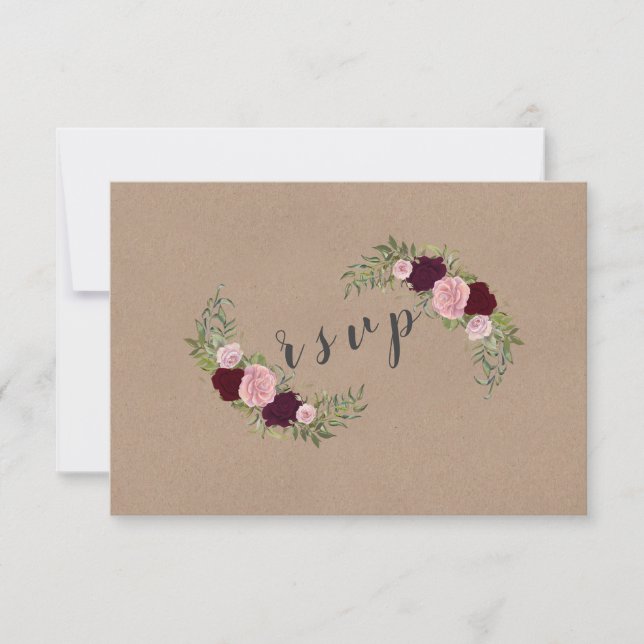Rustic Marsala Floral Craft Paper Wedding RSVP Card (Front)