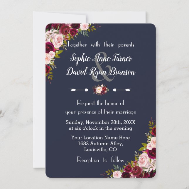 Rustic Marsala Floral Navy Blue Wedding Invitation (Front)
