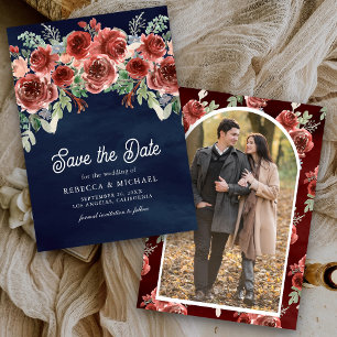 Rustic Marsala Floral Photo Navy Blue Wedding Save The Date