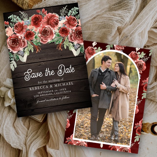 Rustic Marsala Floral Photo Wood Wedding Save The Date (Creator Uploaded)