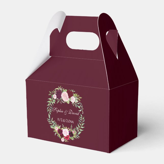 Rustic Marsala Floral Wreath Burgundy Wedding Favor Box (Front Side)