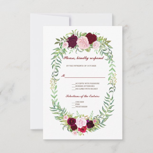Rustic Marsala Floral Wreath Burgundy Wedding RSVP (Front)