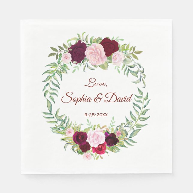 Rustic Marsala Floral Wreath Burgundy Wedding RSVP Napkin (Front)