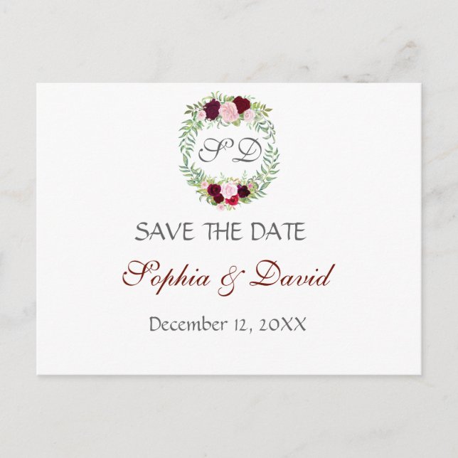 Rustic Marsala Floral Wreath SAVE THE DATE Announcement Postcard (Front)