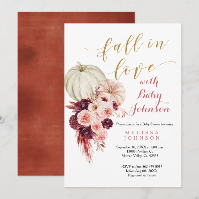 Rustic Marsala Pumpkin Fall in Love Baby Shower Invitation (Front/Back)
