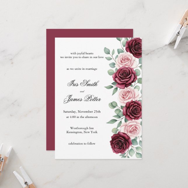 Rustic Marsala Wine Floral Calligraphy Wedding Invitation (Front/Back In Situ)