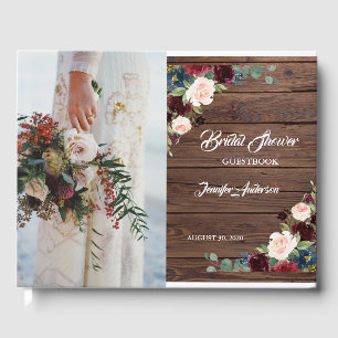 Rustic Marsala Wood Floral Bridal Shower Guest Book