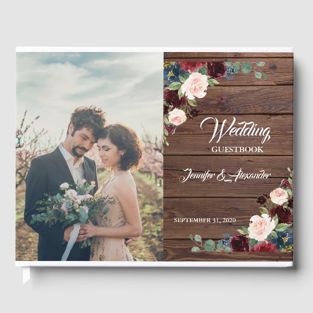 Rustic Marsala  Wood Floral Wedding Guest Book (Front)