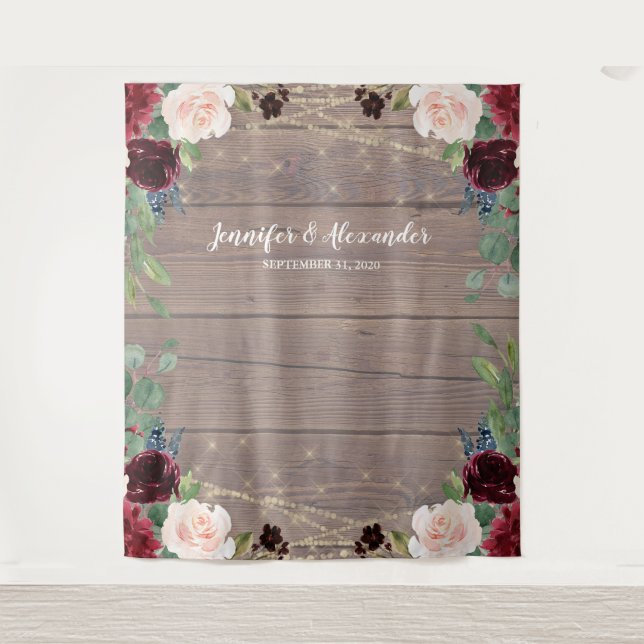 Rustic Marsala Wood Wedding Photo Booth Backdrop Tapestry (Front)