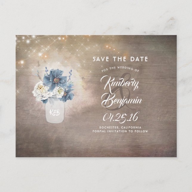 Rustic Mason Dusty Blue Floral Save the Date Announcement Postcard (Front)