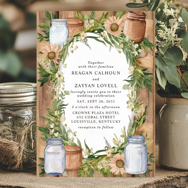 Rustic Mason Jar and Burlap Floral Country Wedding Invitation (Creator Uploaded)