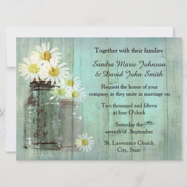 Rustic Mason Jar And Daisy Wedding Invitation (Front)