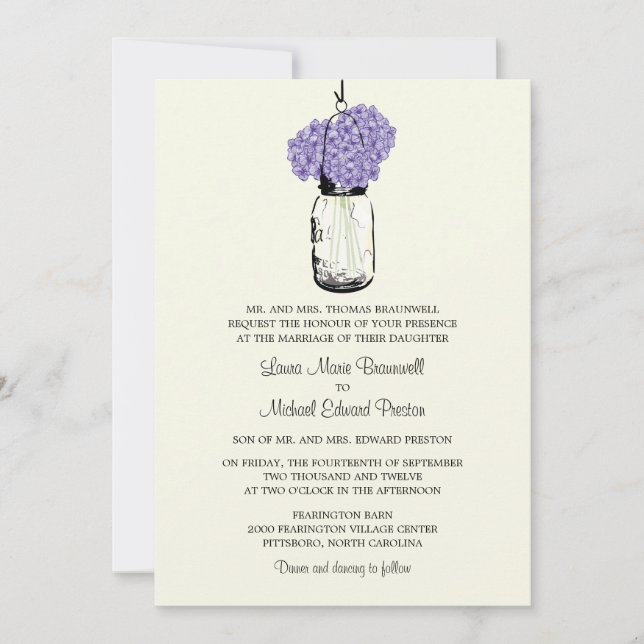 Rustic Mason Jar and Hydrangeas Wedding Invitation (Front)