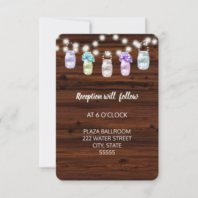 Rustic Mason Jar and Lights Wedding Reception Card (Front)