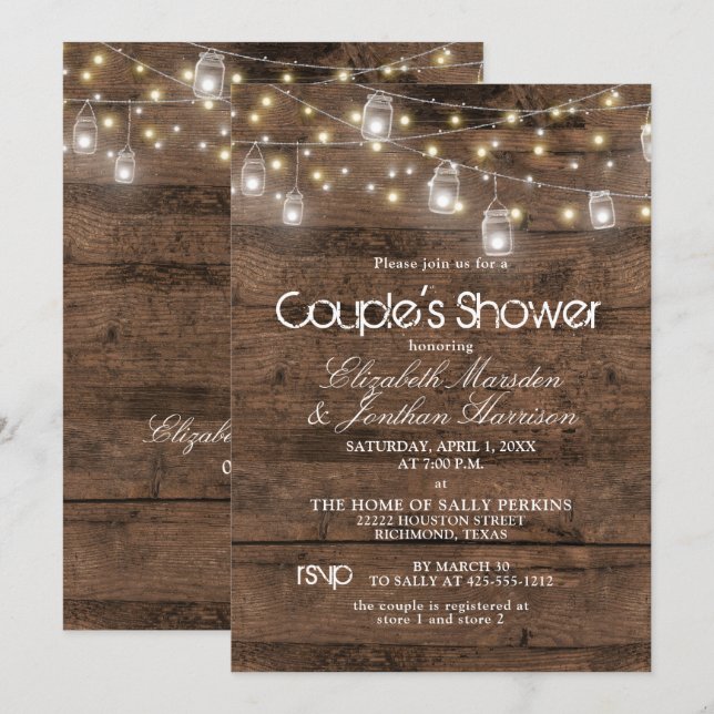 Rustic Mason Jar and String Lights Couple's Shower Invitation (Front/Back)