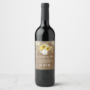 Rustic Mason Jar and Sunflowers with Baby's Breath Wine Label