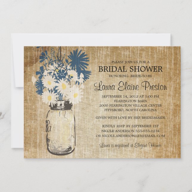 Rustic Mason Jar and Wildflower Daisies Invitation (Front)