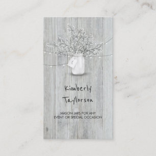Rustic Mason Jar Baby's Breath String Lights Wood Business Card