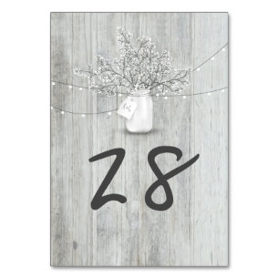 Rustic Mason Jar Baby's Breath String Lights Wood Table Number