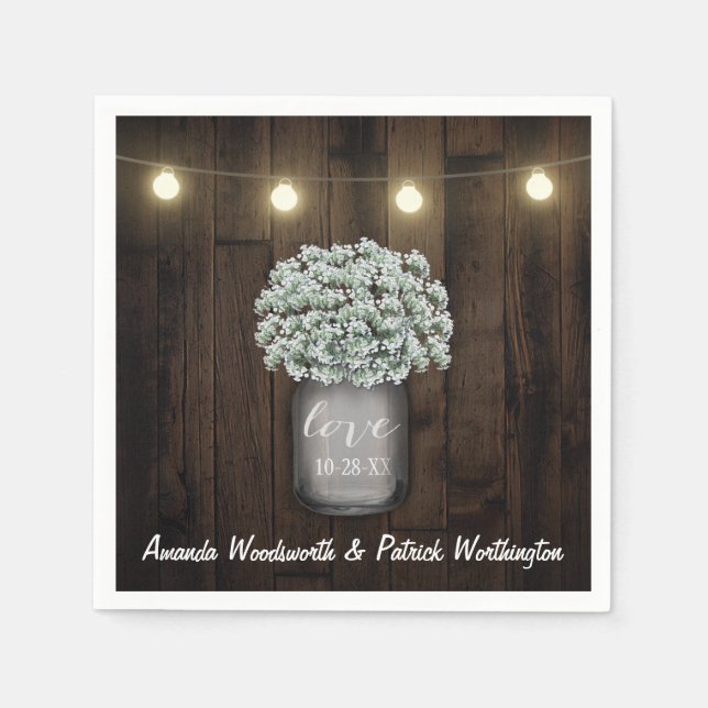 Rustic Mason Jar + Baby's Breath Wedding Napkins (Front)