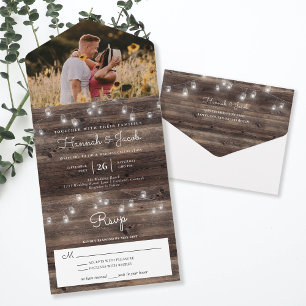 Rustic Mason Jar Barn Wood Photo Wedding All In One Invitation