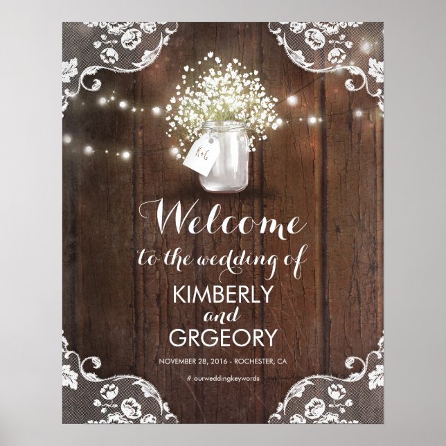 Rustic Mason Jar Barn Wood Wedding Welcome Sign (Front)