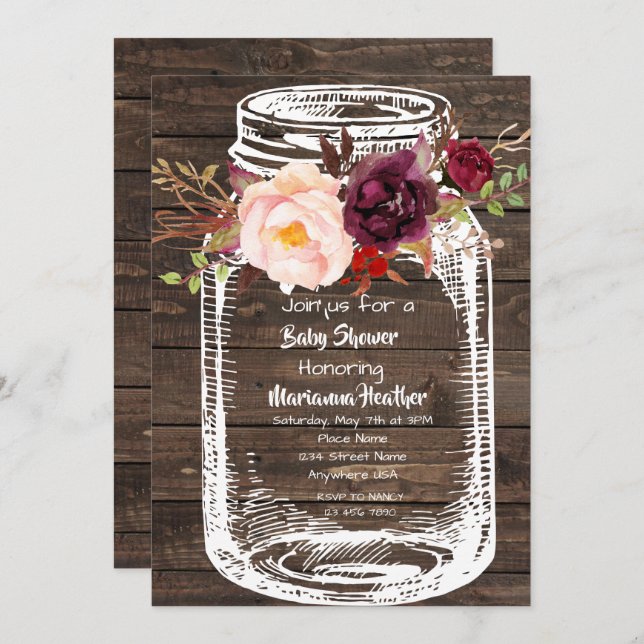 Rustic Mason Jar Boho Floral Marsala Baby Shower I Invitation (Front/Back)
