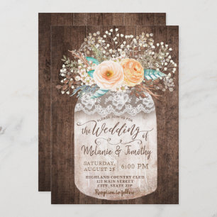 Rustic Mason Jar Boho Wood Wedding Invitations