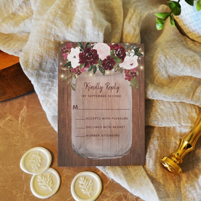 Rustic Mason Jar Burgundy Blush Floral Wedding RSVP Card (Creator Uploaded)