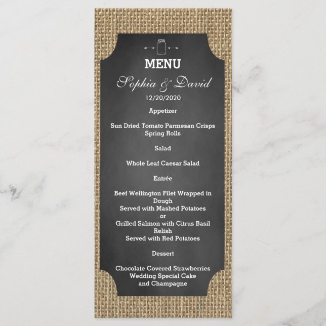 Rustic Mason Jar Burlap Menu Mariage (Devant)