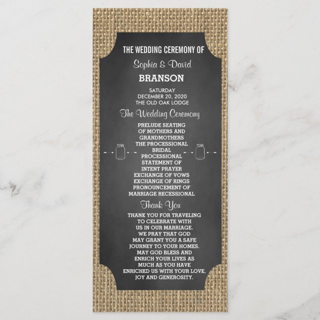 Rustic Mason Jar Burlap Programme de mariage perso (Devant)