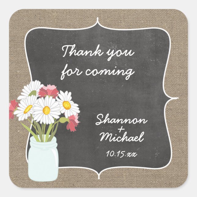 Rustic Mason Jar Daisy Chalkboard favour sticker (Front)
