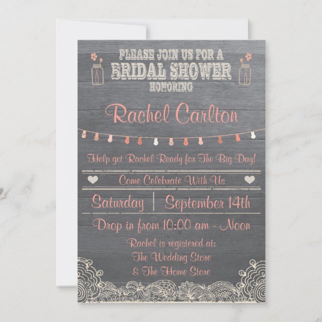 Rustic Mason Jar Douche nuptiale Invitation Coral (Devant)