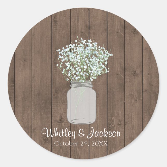 Rustic Mason Jar Envelope Seals, Wedding Favour Classic Round Sticker (Front)